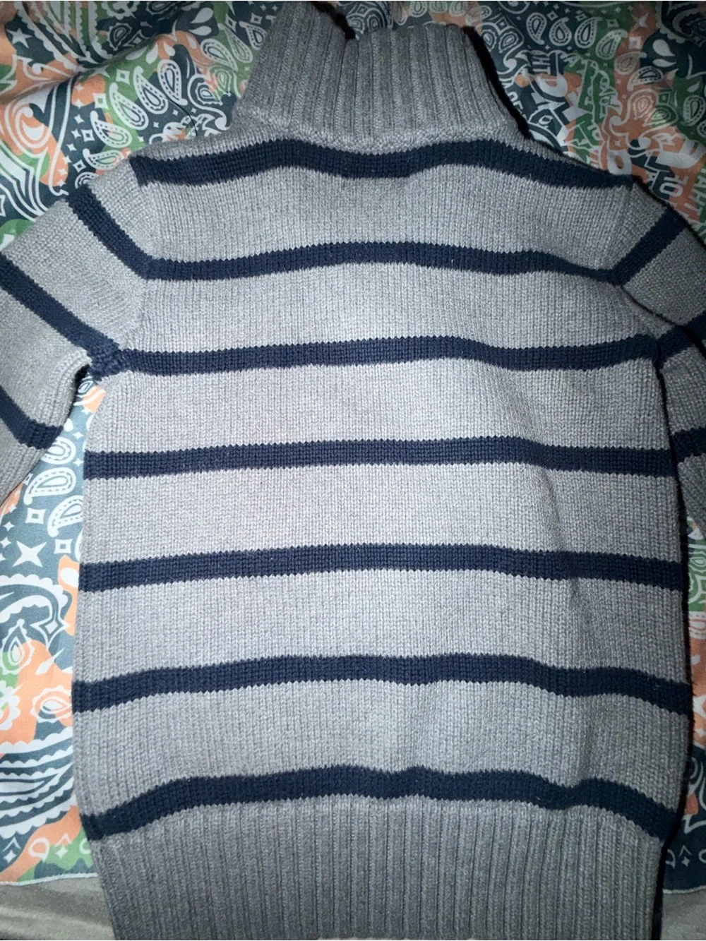 Ralph Lauren Kids Gray and Navy Striped Zip-Neck Sweater with classic Red Logo